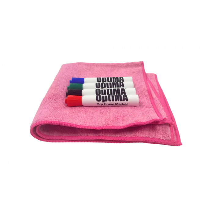 OptiMA® Marker and Dry Erase Wiper Kit, Four Assorted Chisel Tip Markers and Pink Opti-Wipe™ Microfiber Cleaning Cloth