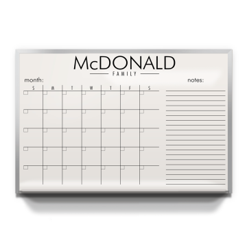 Family Calendar Board, Non Magnetic Surface, Aluminum Trim and Tray