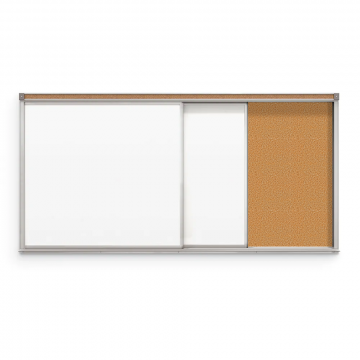 Horizontal Sliding Dry Erase Boards, Two 42" x 72" Sliding Panels on 2 Tracks, Back Panel Cork, Sliders Porcelain Steel Dry Erase, Overall Size 4' x 12'