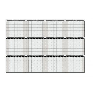 OptiMA® Yearly Dry Erase Calendar Decal, Opti-Print peel and stick wall print, blank 12 months, includes Opti-Wipe™ and set of 4 markers, 45" H X 93" W
