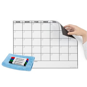 OptiMA® Magnetic Refrigerator Calendar, 17" x 22", 30 Day, .20 Mil Thickness, Black Text on White Heading, Includes Blue Opti-Wipe, 4 Magnetic Marker Holders and 4 Markers