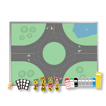 OptiMA® Driver's Ed Teaching Kit, Opti-Print magnetic dry erase board with alumninum trim and tray, Roundabout Design, 32" H X 45.5" W