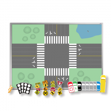 OptiMA® Driver's Ed Teaching Kit, Opti-Print magnetic dry erase board with aluminum trim and tray, Six Lane Intersection Design, 32" H X 45.5" W