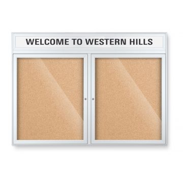 Outdoor Enclosed Bulletin Boards with Tan Cork Backing, Silver Aluminum Trim, 1 Door, 36" X 36", Custom Header Lettering