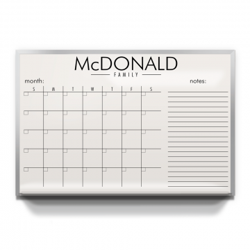 Custom Printed Family Calendar Board, Non Magnetic Surface, Aluminum Trim and Tray
