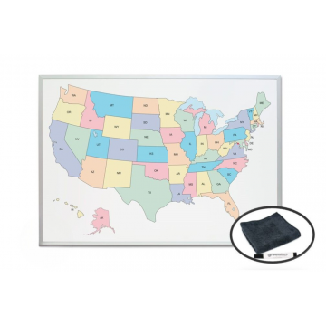 32" x 45.5" Wall Mounted Printed Dry Erase Board with Aluminum Trim, Marker Tray, Magnetic Receptive Surface, and Map of USA Print