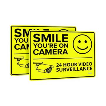 11.5" W x 8.25" H Smile, You're On Camera Wall Sign Peel-n-Stick Adhesive. Set of 2