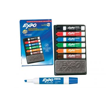 Expo Organizer - 6 Chisel Tip Low Odor Dry Erase Markers with 1 Eraser in Storage Tray