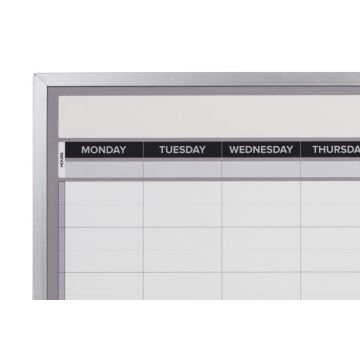 OptiMA® Monday Through Friday Dry Erase Calendar, shows work week, satin anodized alumnium trim with marker tray on 2' side, L-bracket installation hardware included, 3' H X 2' W