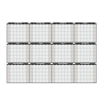 OptiMA® Yearly Dry Erase Calendar Decal, Opti-Print peel and stick wall print, blank 12 months, includes Opti-Wipe™ and set of 4 markers, 31" H X 45.5" W