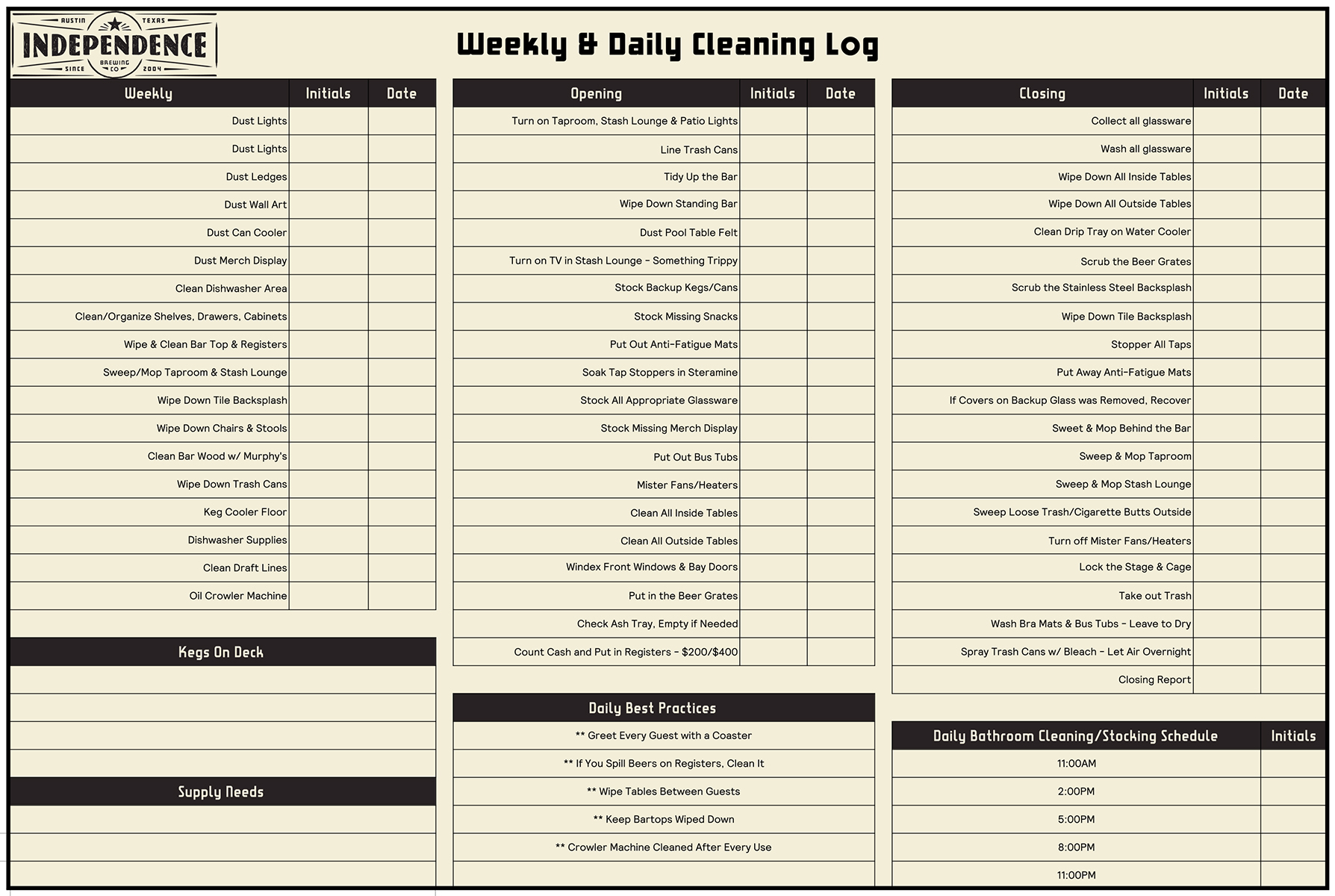 Daily Cleaning Log